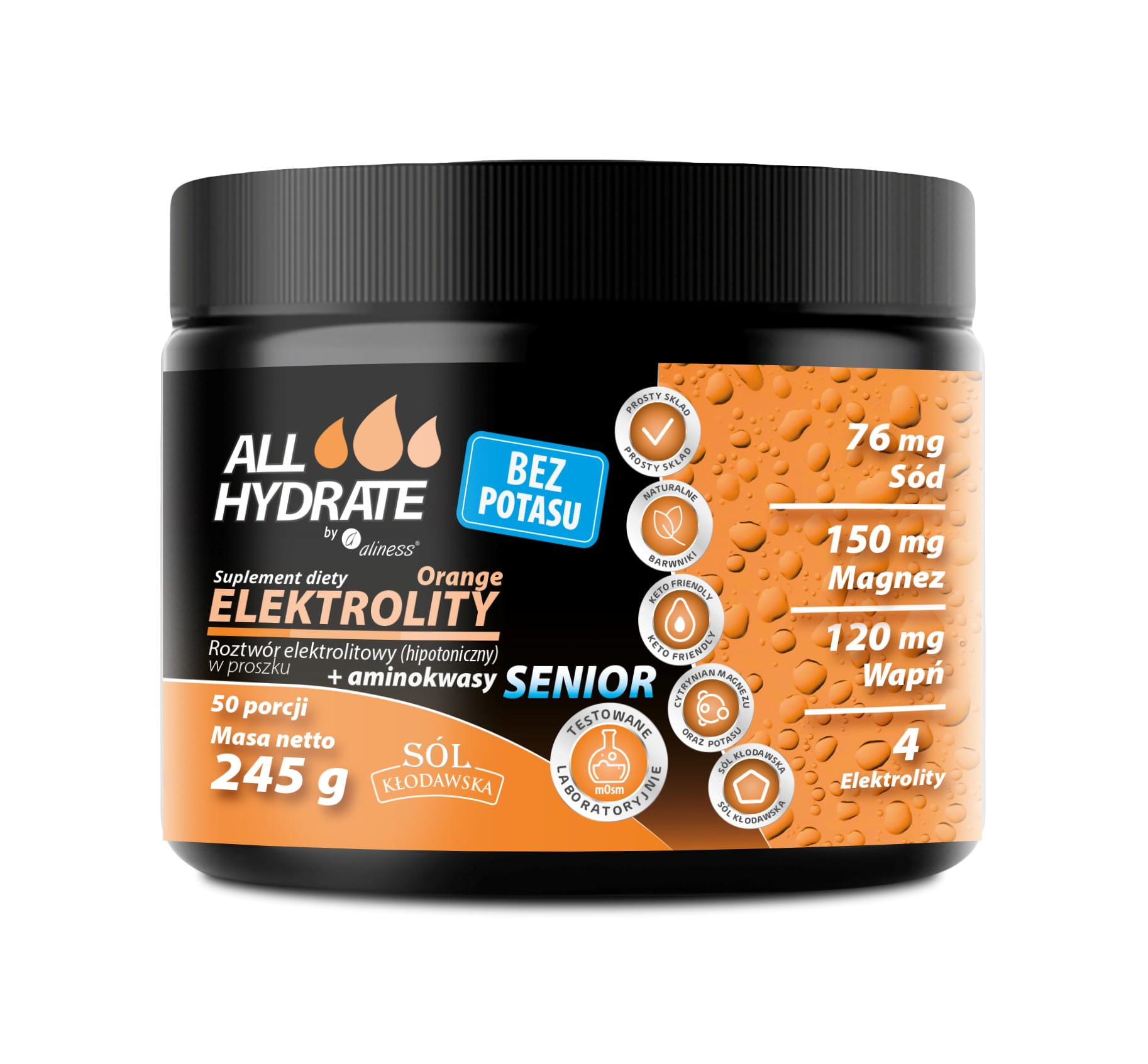 Электролиты Aliness ALLHydrate Senior, без калия, с аминокислотами, апельсин, 245 г